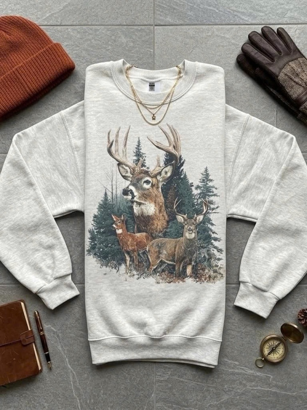 Vintage Deer Family Forest Graphic Ash Grey Crewneck Sweatshirt